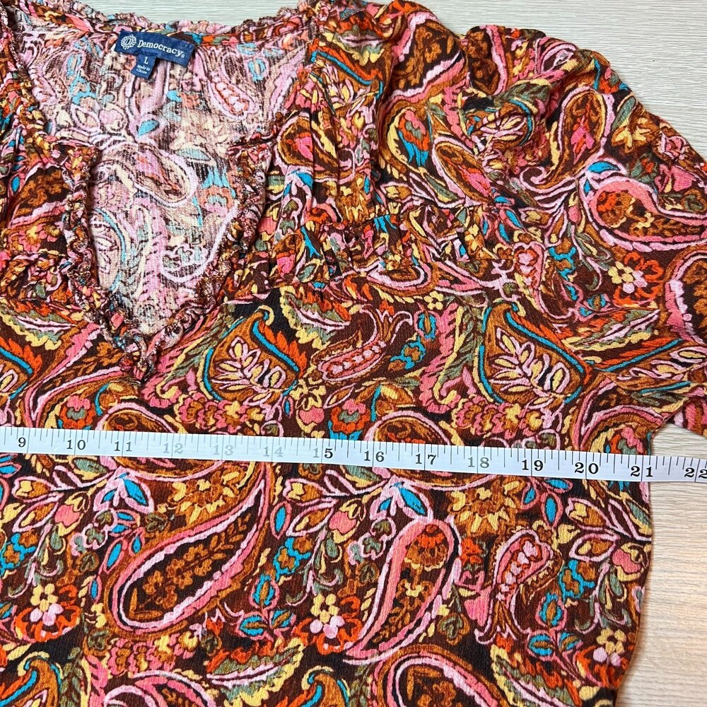 Democracy Peasant Blouse Women's L Brown Paisley V-Neck Bubble Half Sleeves - Picture 8 of 10